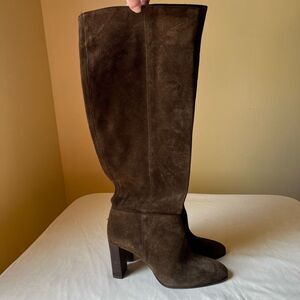 Zara Suede Leather Slouchy Knee High Boots Olive Green Brown Pull On Women’s 39